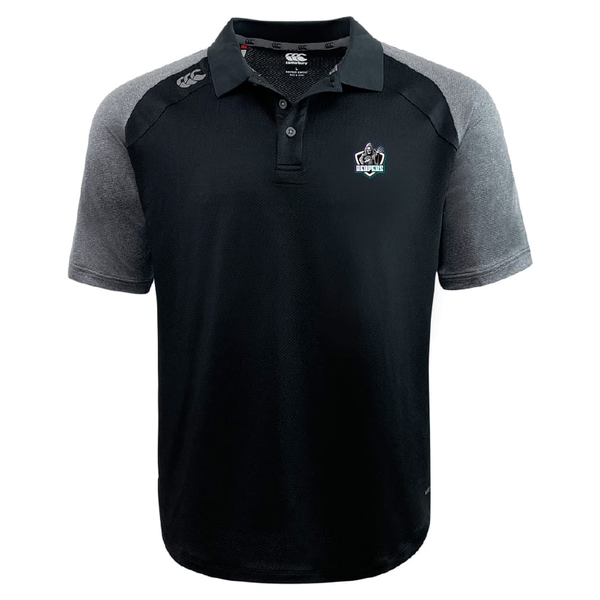 The South Reapers Elite Polo by EMB Canterbury features black and grey bi-color design, short sleeves, a collar, three buttons, and embroidered logos. Made with Vapodri fabric for comfort and style on any occasion.