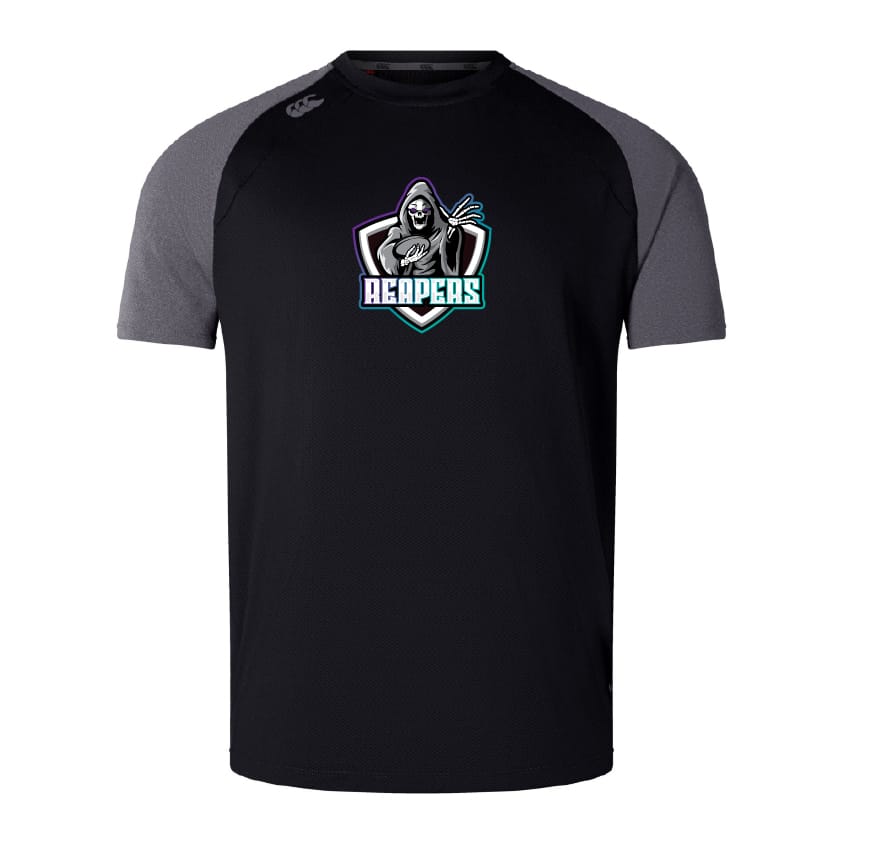 The South Reapers Elite Training Tee by WRS Canterbury features a "Reapers" logo with a cartoon grim reaper on the front, crafted from lightweight, durable Vapodri fabric for top performance in black and dark gray.