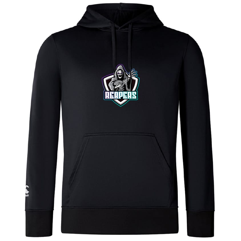 The South Reapers Club Lightweight Hoodie by WRS Canterbury features a hooded grim reaper graphic and "REAPERS" on the chest, a small Canterbury logo on the left sleeve, and a comfy polyester hood.
