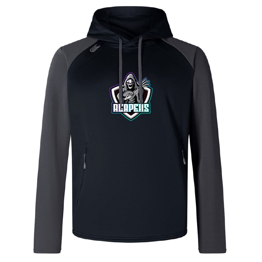 The South Reapers Elite Training Hoody by WRS Canterbury comes in black and dark gray, with a hooded figure holding a gaming controller and "ALAPEUS" on the chest, designed for performance and comfort with premium fabrics.