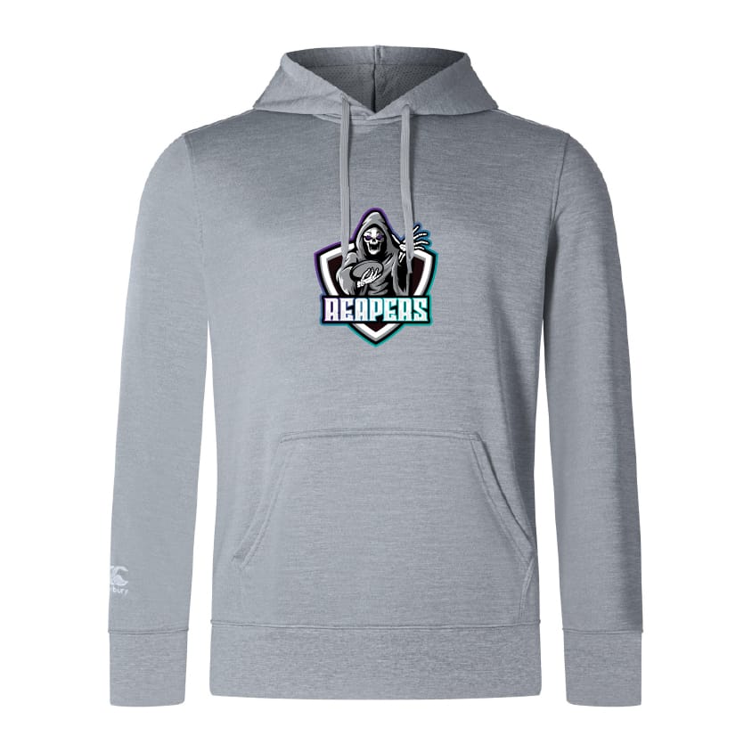The South Reapers Club Lightweight Hoodie by WRS Canterbury features a light gray design with a stylized grim reaper "Reapers" logo on the chest, custom made for comfort and style.