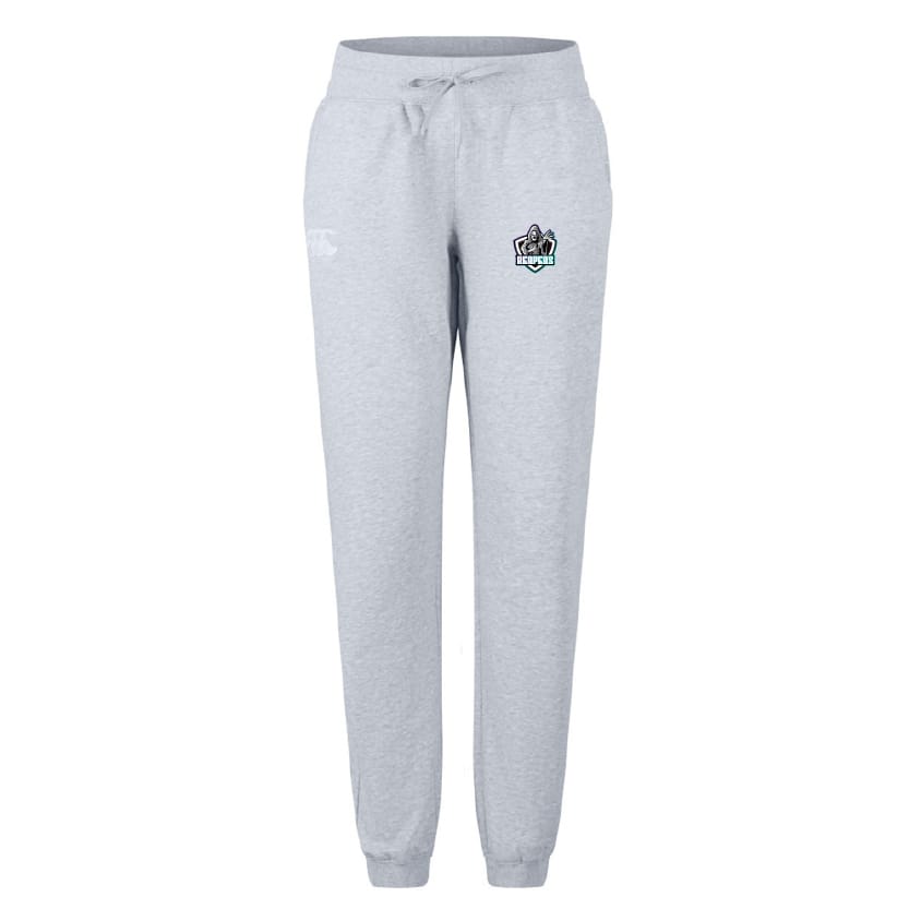 The South Reapers Women's Leisure Sweatpant by EMB Canterbury is light gray, made from organic cotton, and features an elastic waistband, drawstring, cuffed ankles, and a small embroidered logo on the left thigh.