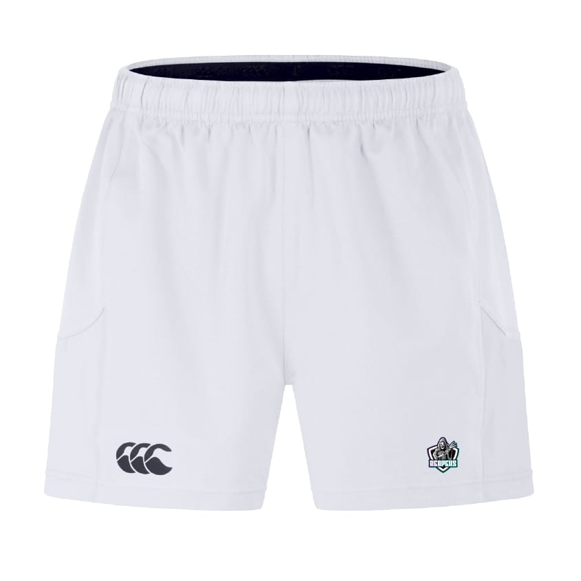 The South Reapers Advantage Short 2.0 by EMB Canterbury features an elastic waistband, two side pockets, a black Canterbury logo on the left leg, and an embroidered right-leg patch—crafted from recycled materials for performance and sustainability.