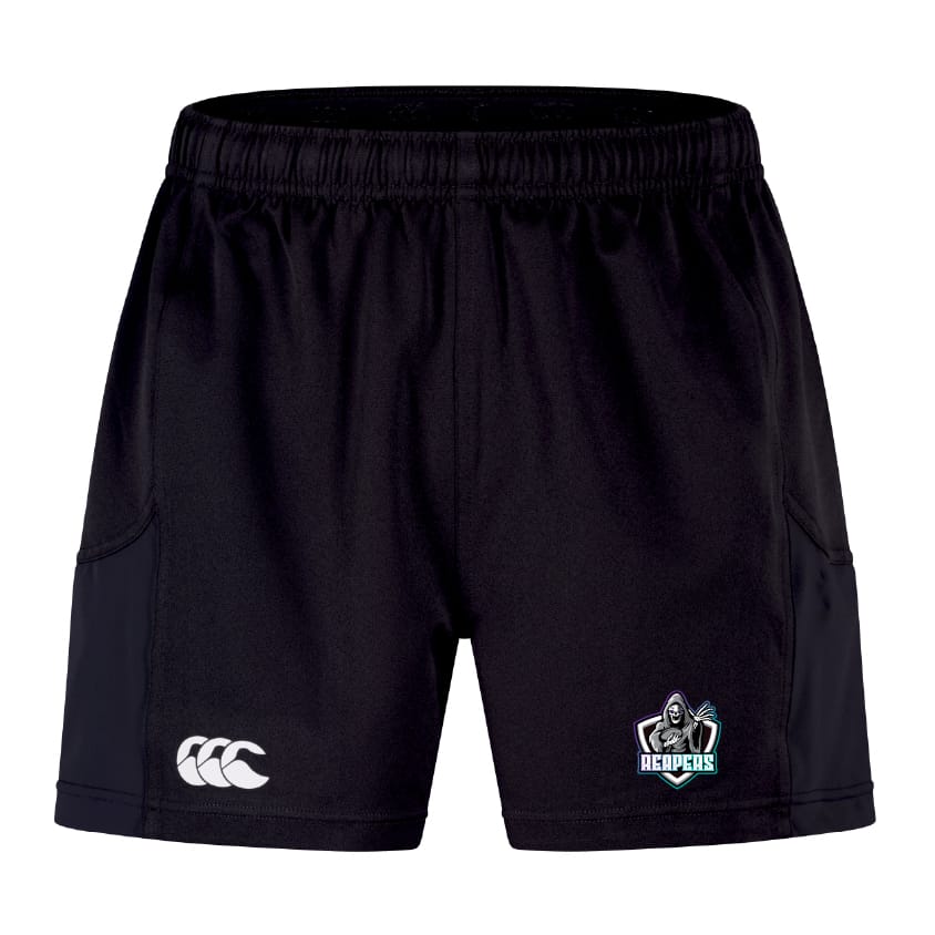 The EMB Canterbury South Reapers Advantage Short 2.0 features an elastic waistband, a white Canterbury logo on the left leg, a colorful "Reapers" logo on the right, and is made with recycled materials for performance and sustainability.