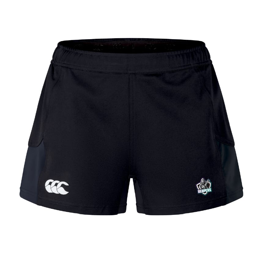 South Reapers Women's Advantage Short 2.0 by EMB Canterbury, featuring the Canterbury logo on the left leg and a small South Reapers emblem on the right, made with recycled content for sustainability, shown against a white background.