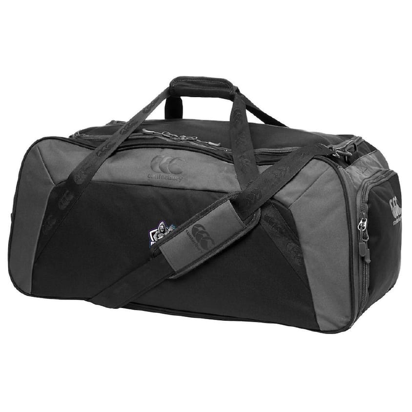 The South Reapers Holdall Duffle Bag by EMB Canterbury features black and gray colors, dual handles, adjustable shoulder strap, zippered compartments, water-repellent finish, and a Canterbury logo on the side.