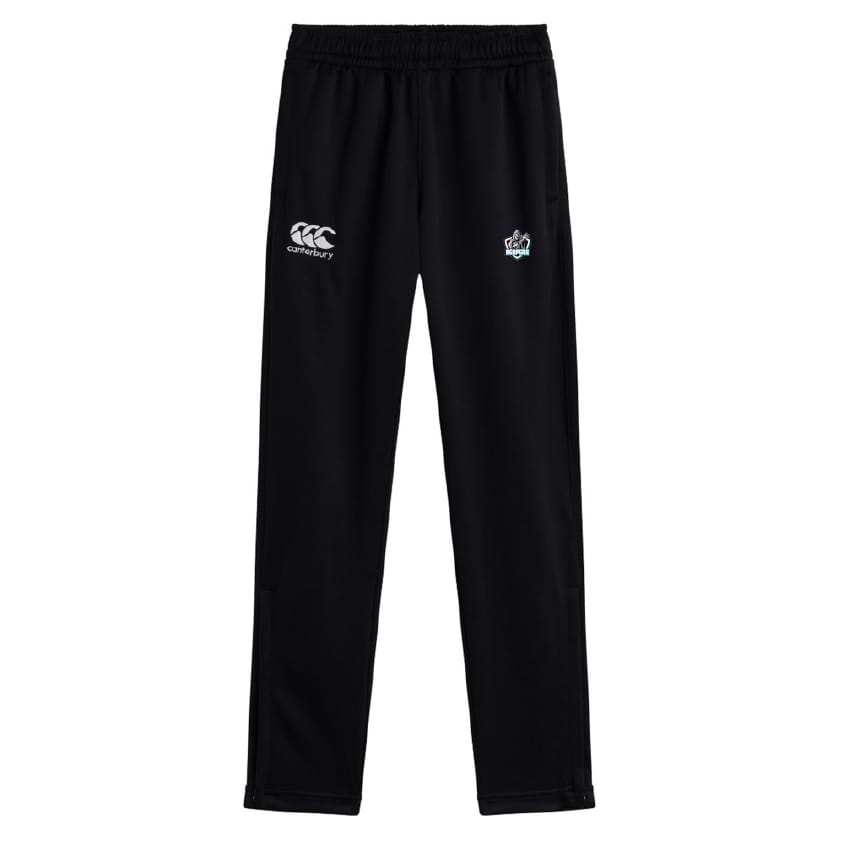 The EMB Canterbury South Reapers Stretch Tapered Pant features black athletic fabric, an elastic waistband, two small white logos on the front, and a quick dry design for men's comfort and performance.