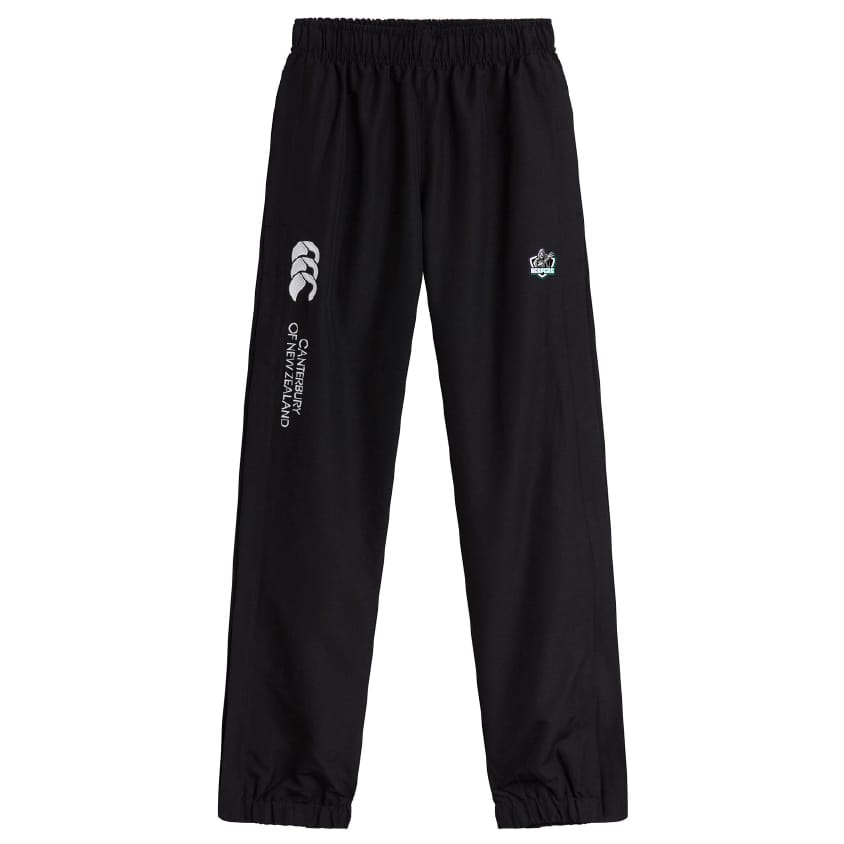The South Reapers Cuffed Hem Stadium Pant by EMB Canterbury features an elastic waist, cuffed hem, a white Canterbury of New Zealand logo, and a small embroidered crest on the left thigh—ideal men's rugby pants for style and comfort.