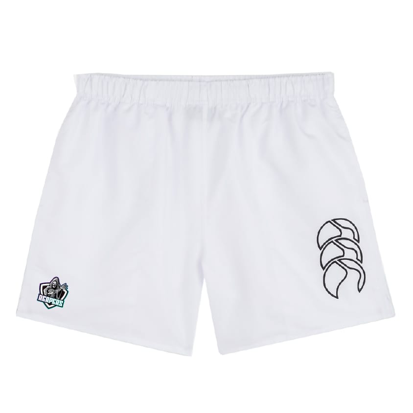 The EMB Canterbury South Reapers Tactic Short features an elasticated waist, black abstract logo on the right leg, and a colorful patch on the left—perfect for style on or off the rugby pitch.