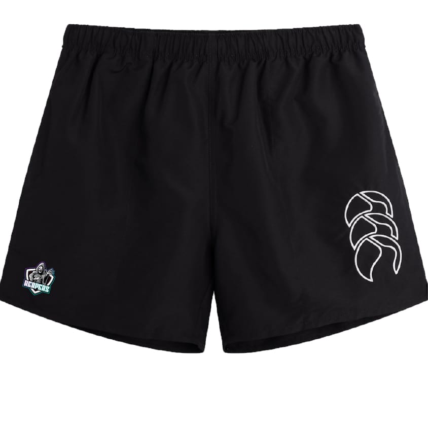 The South Reapers Tactic Short by EMB Canterbury features an elasticated waist, a white abstract logo on the right leg, and a small embroidered patch on the left—ideal for top performance on or off the rugby pitch.