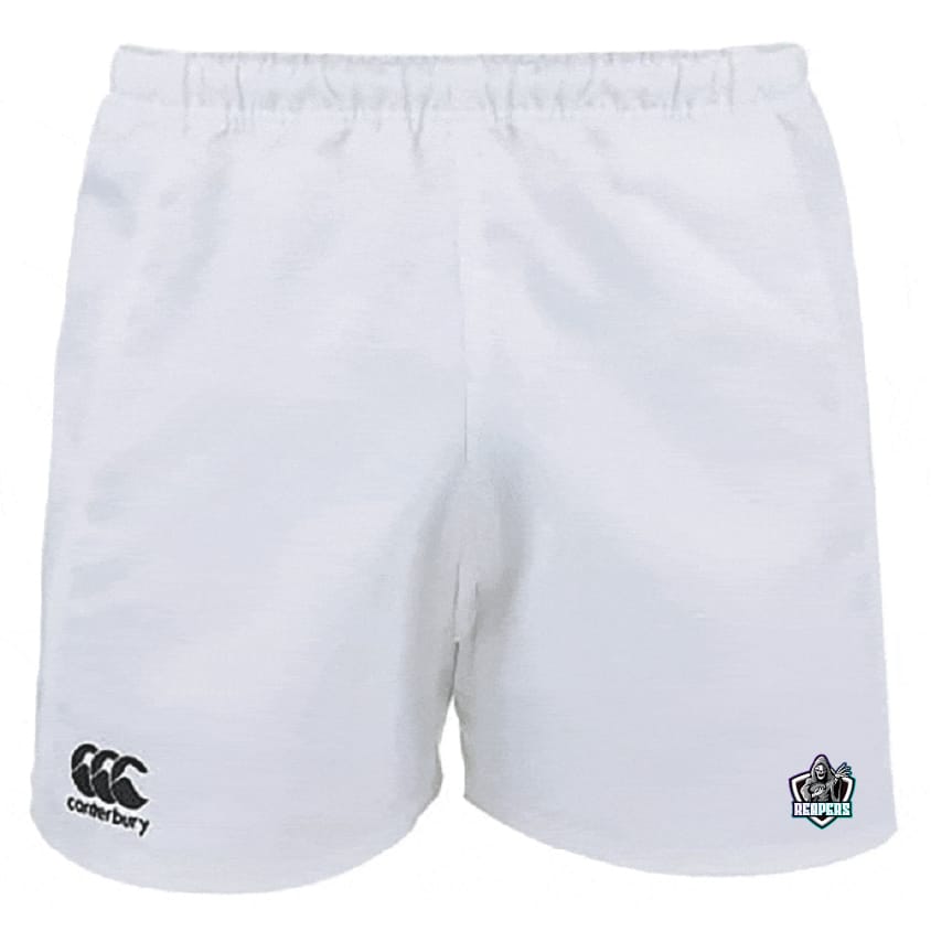 The South Reapers Advantage Rugby Shorts by EMB Canterbury feature an elastic waistband, moisture-wicking fabric for comfort, the Canterbury logo on the left leg, and a team logo on the right leg.