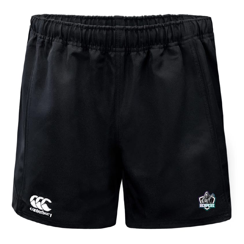 The South Reapers Professional Polyester Rugby Short by EMB Canterbury features an elasticated waistband, the Canterbury logo on the left leg, and the South Reapers team logo on the right leg.