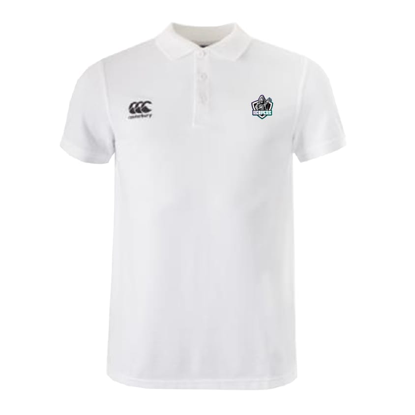 The South Reapers Waimak Polo by EMB Canterbury is a white short-sleeve Rugby Polo with a collar, made from a cotton-polyester blend and featuring two embroidered chest logos, including the Canterbury logo.