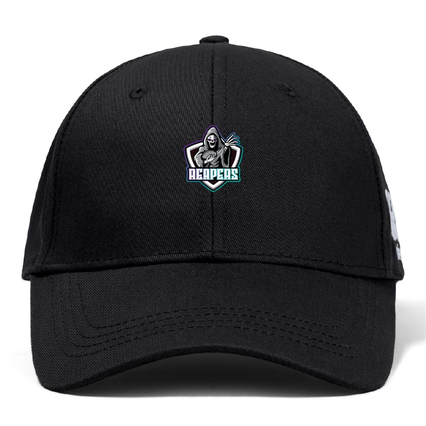 The South Reapers Flexfit Drill Cap by EMB Canterbury features premium black fabric with an embroidered grim reaper logo and "REAPERS" boldly on the front.