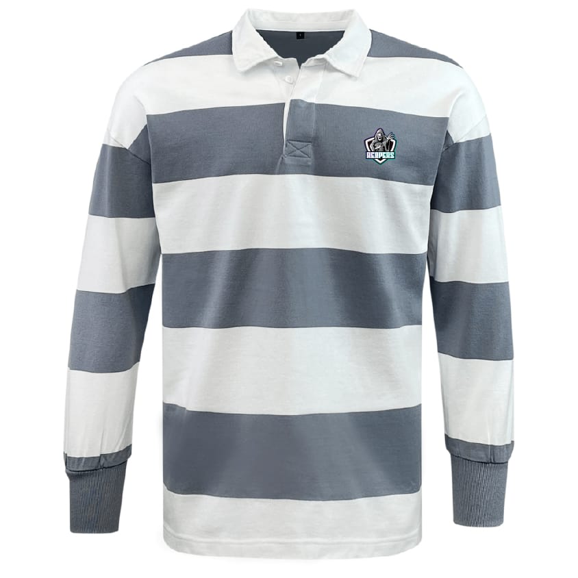 The EMB Mudoo South Reapers Classic Long Sleeve Hooped Rugby Jersey features bold gray and white stripes, a buttoned collar, ribbed cuffs, and an embroidered logo—ideal for timeless leisurewear style.