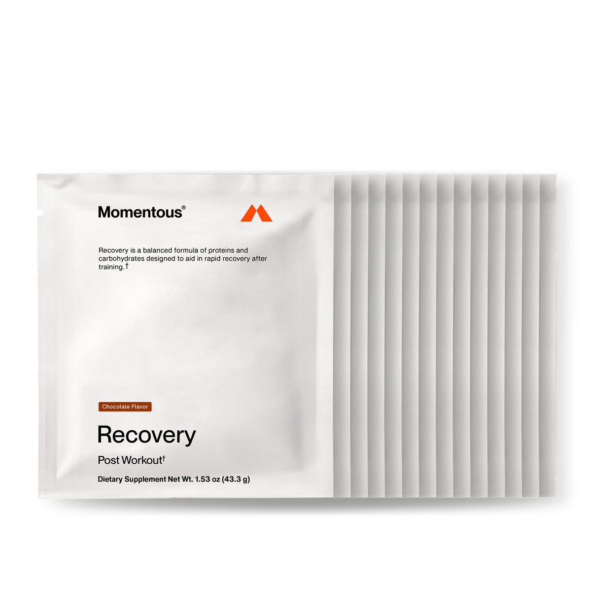 A stack of Momentous Recovery 14-Travel Packs in chocolate flavor by Momentous, featuring high-quality whey protein for muscle repair, displayed on a plain white background.
