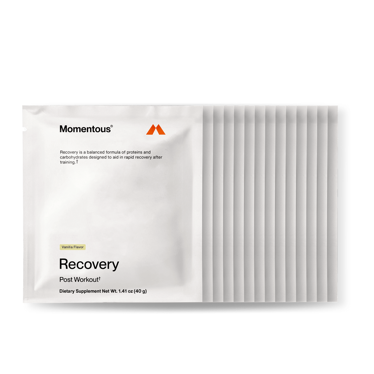 A row of Momentous Recovery 14-Travel Packs from Momentous, featuring vanilla flavor and whey protein for muscle repair, is displayed on a white background.