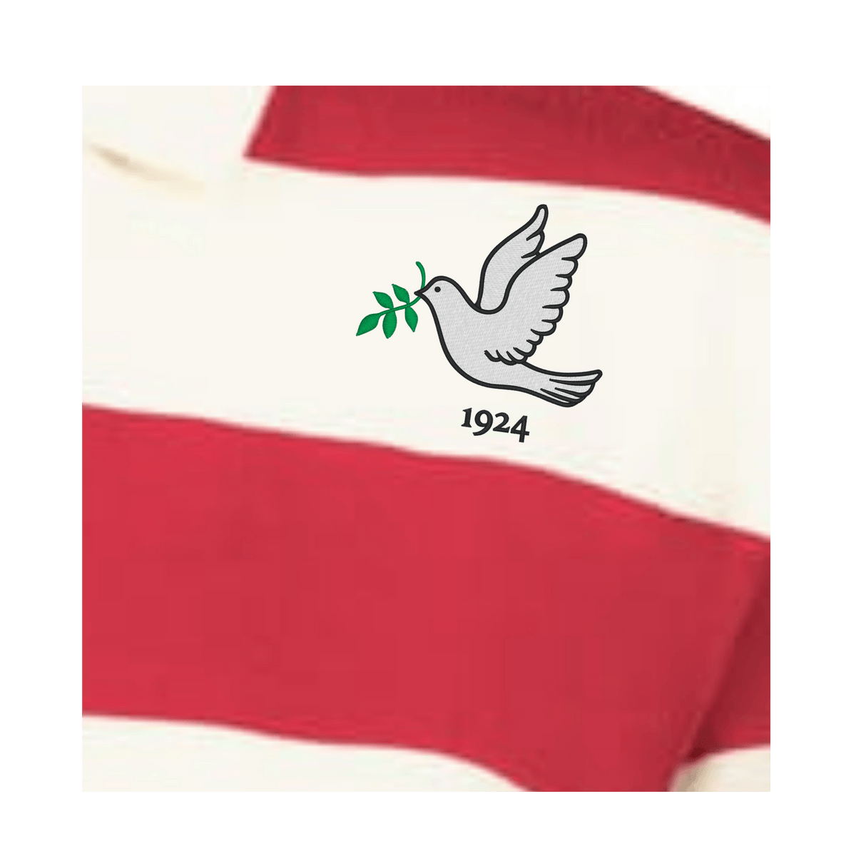 A graphic of a dove holding a green branch with "1924" is printed on the red and white striped EMB Augusta Women's Vintage Tonga Prep Street Rugby Crop.