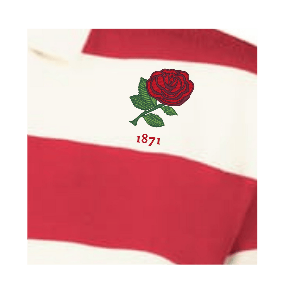 The EMB Augusta Women's Vintage England Prep Street Rugby Crop features red and white stripes, an embroidered red rose, and "1871" underneath for a preppy streetwear vibe.