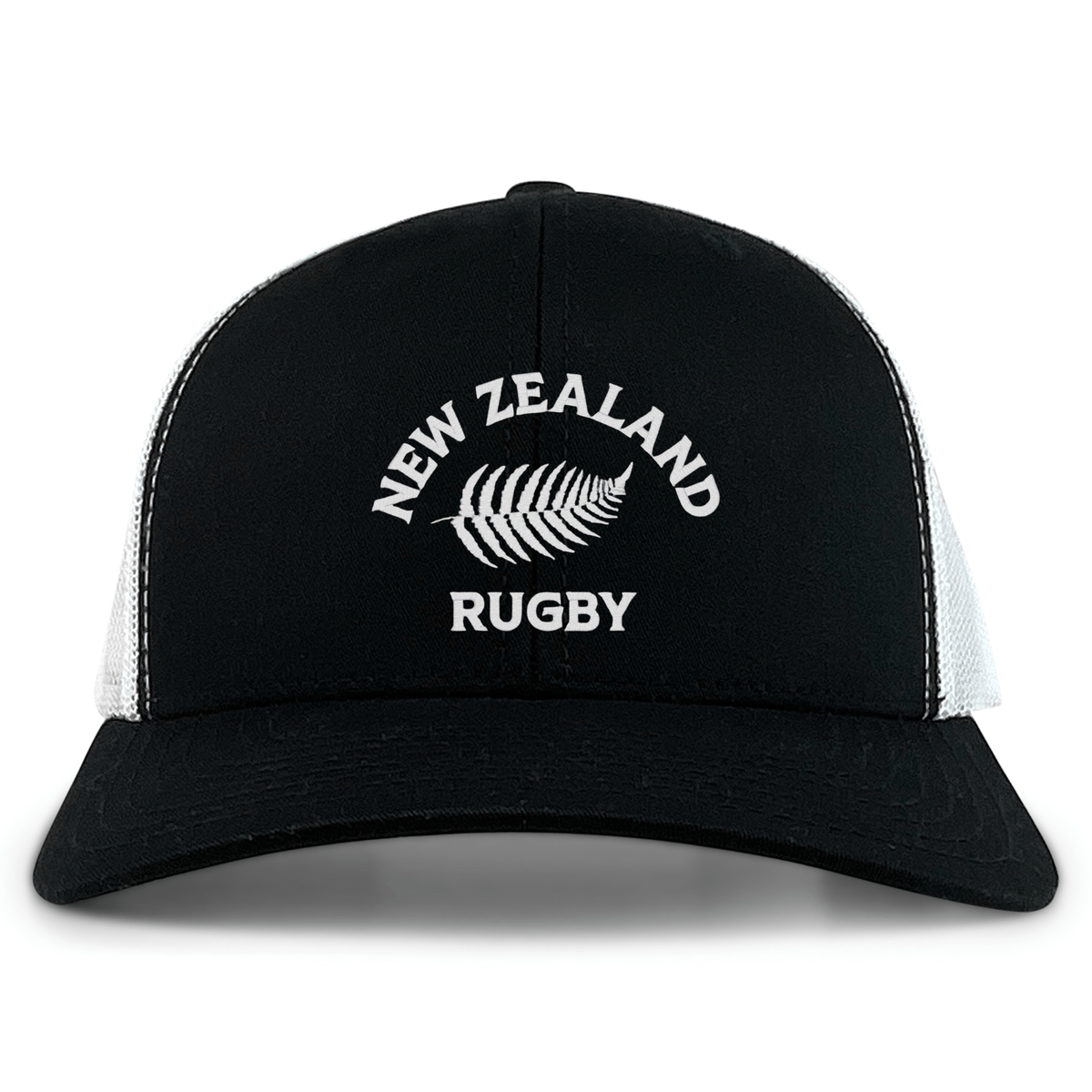The Nations of Rugby New Zealand Retro Trucker Cap by EMB S&S Activewear features a black and white design, "New Zealand Rugby" text, silver fern logo on the front, and a classic snapback closure for adjustable fit.