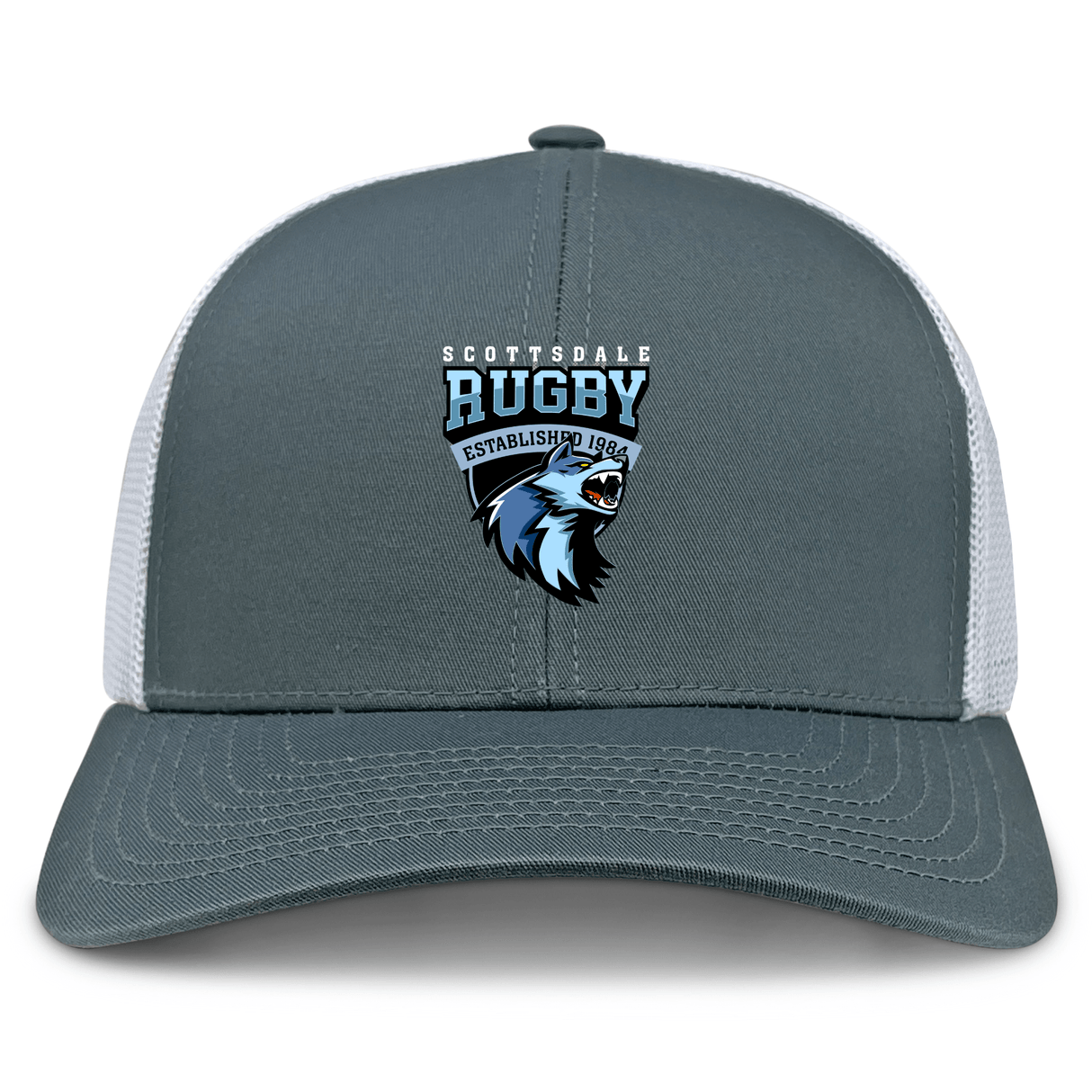 The Scottsdale Rugby Retro Trucker Cap by EMB S&S Activewear features a gray and white design, a wolf head "Scottsdale Rugby" logo with "Established 1984" on front, and a snapback closure for an adjustable fit.