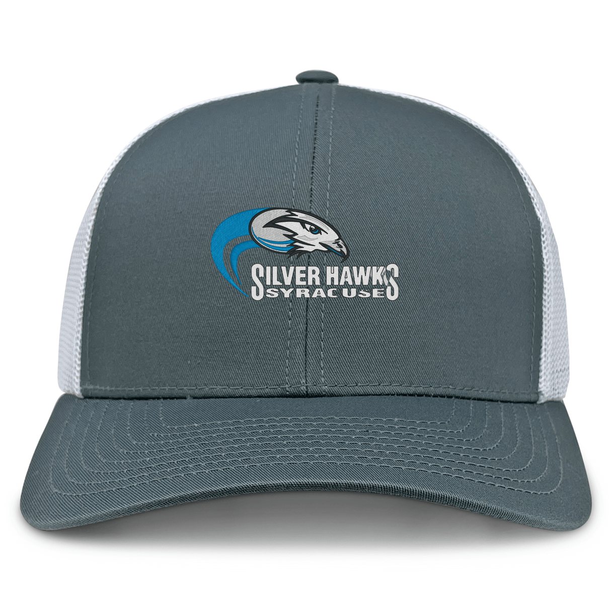 The Syracuse Silver Hawks Retro Trucker Cap by EMB S&S Activewear features a gray and white design, embroidered stylized hawk logo and "Silver Hawks Syracuse" text on the front, plus an adjustable snapback closure.
