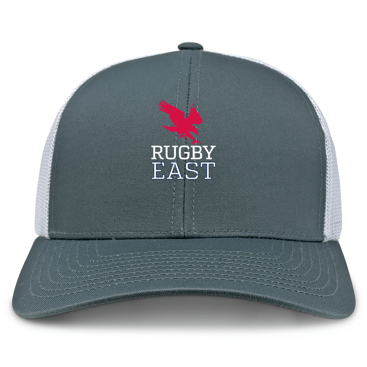 The Rugby East Conference Retro Trucker Cap by EMB S&S Activewear features a gray and white design, red eagle graphic, "RUGBY EAST" embroidery on the front, and an adjustable snapback closure.