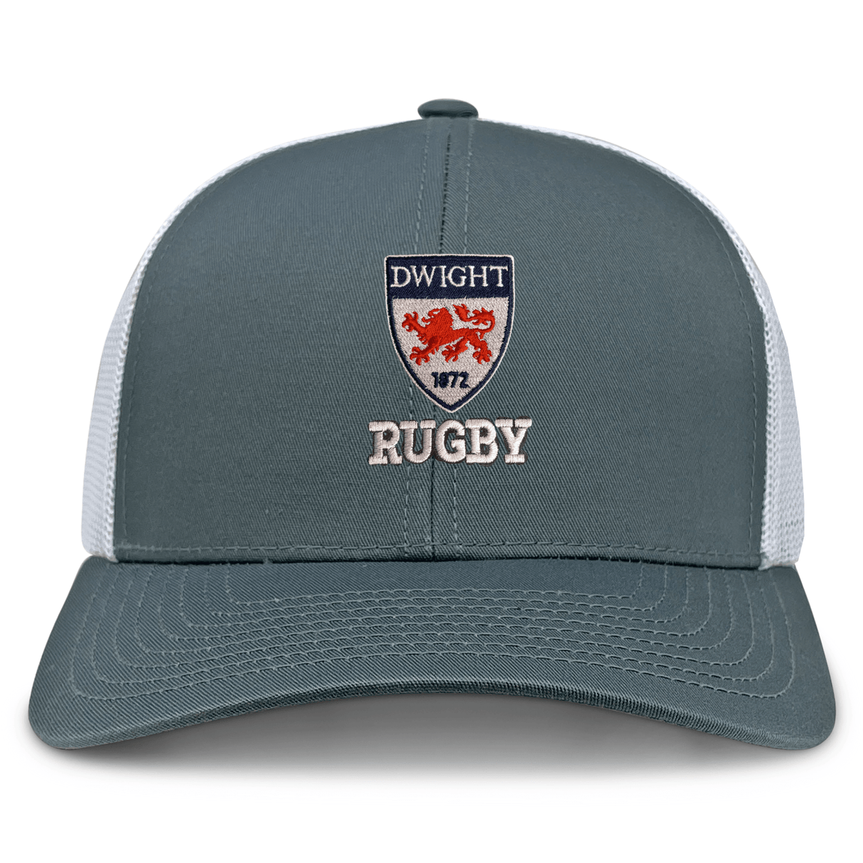 The Dwight Rugby Retro Trucker Cap by EMB S&S Activewear features a gray and white design, embroidered "Dwight 1872" crest with a red lion and "Rugby," plus a classic snapback closure.