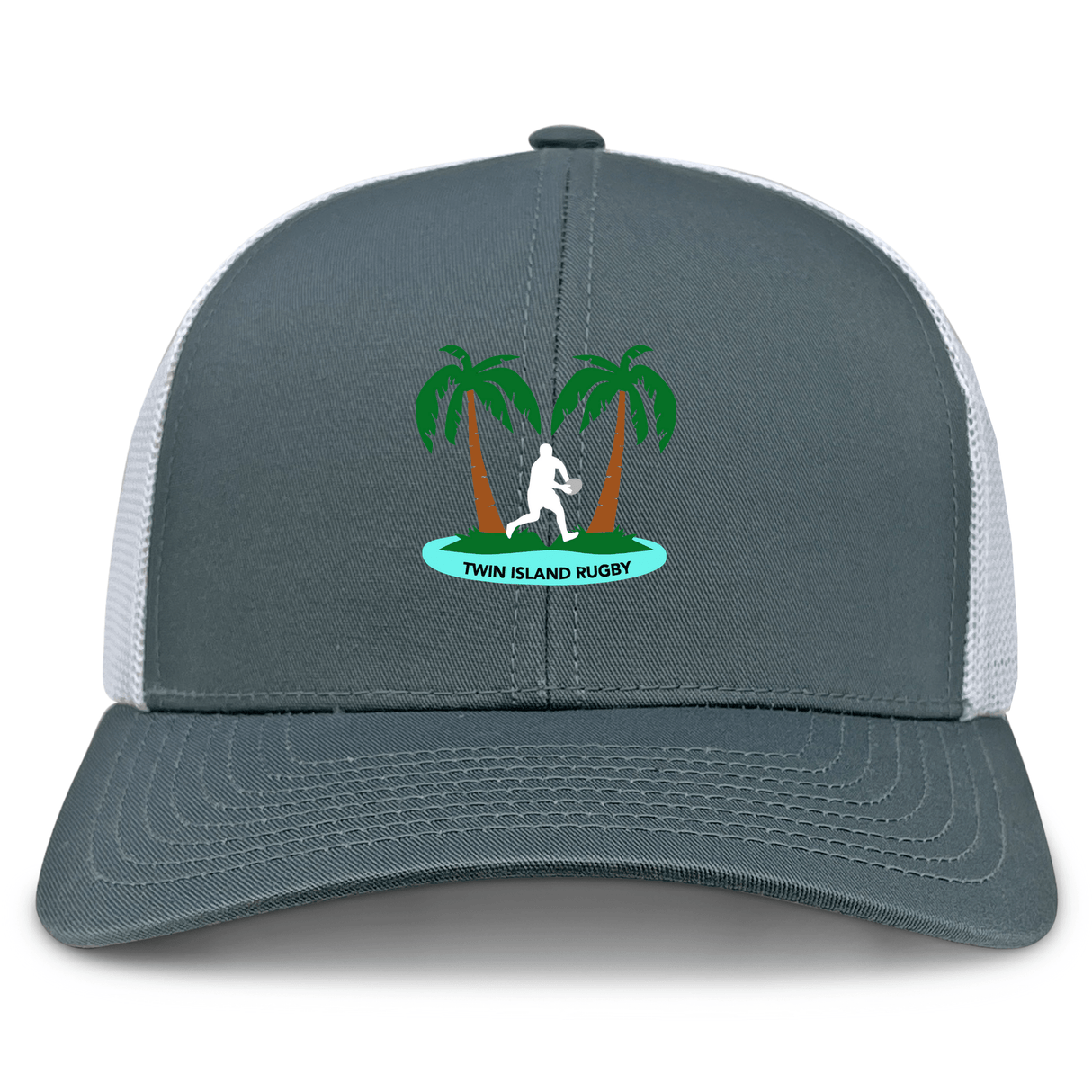 The Twin Island Rugby Retro Trucker Cap by EMB S&S Activewear features a gray and white design with a palm tree and rugby player logo, "Twin Island Rugby" text, a polyester-cotton blend, and an adjustable snapback closure.