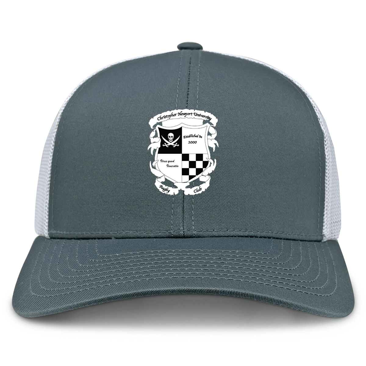 The EMB S&S Activewear Rugby Football Club at Christopher Newport University Retro Trucker Cap features a gray and white trucker style, embroidered black and white crest logo with skull and crossbones, checkerboard front, and snapback closure.