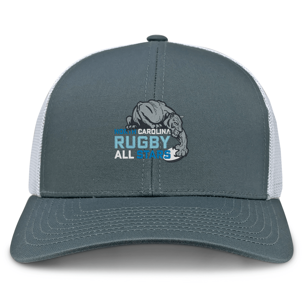 The NC All Stars Retro Trucker Cap by EMB S&S Activewear features a gray and white design with an embroidered muscular bulldog and "North Carolina Rugby All Stars" on the front, plus an adjustable snapback closure.