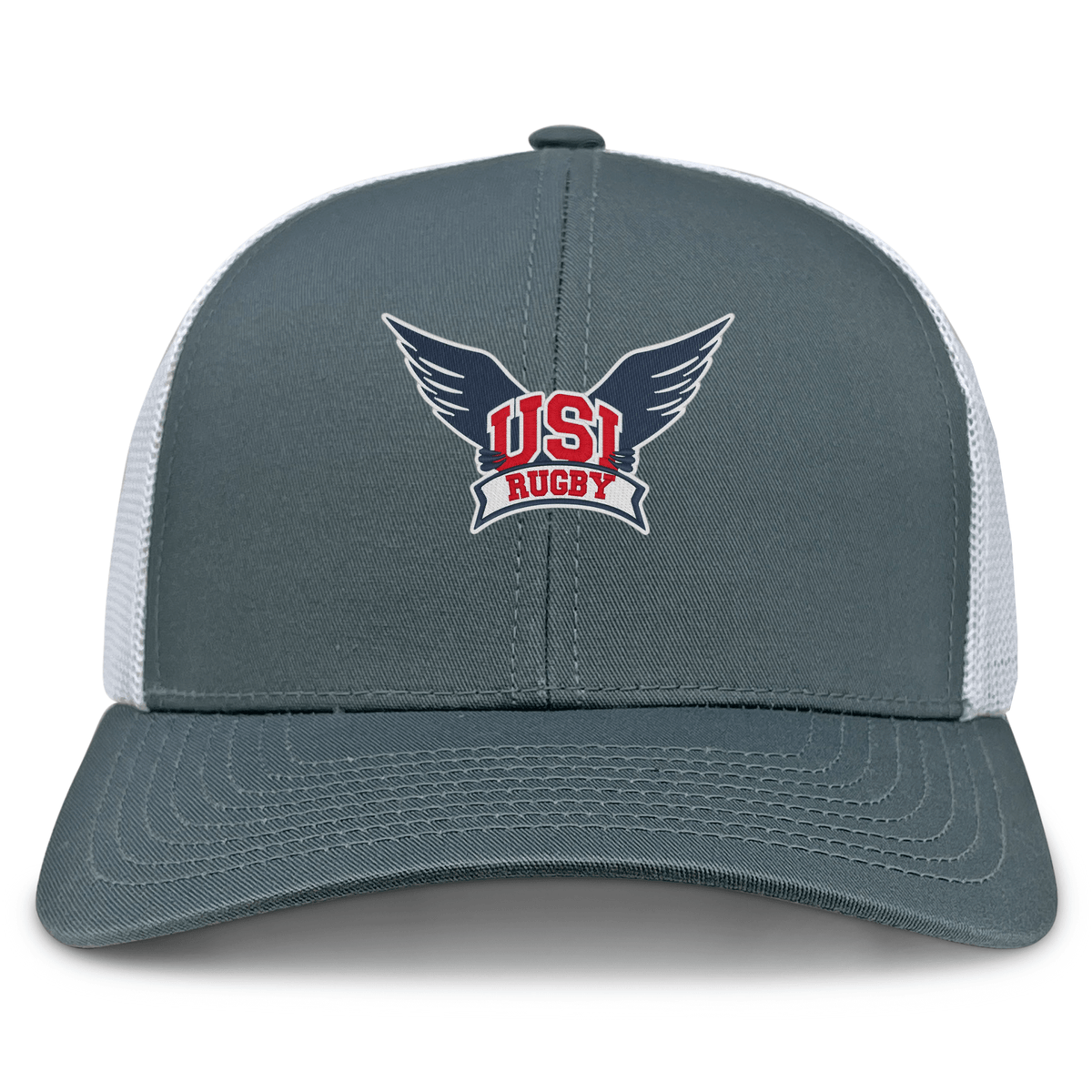 The EMB S&S Activewear University of Southern Indiana Retro Trucker Cap features a gray and white design, embroidered "USI Rugby" winged logo on the front, and a classic snapback closure.