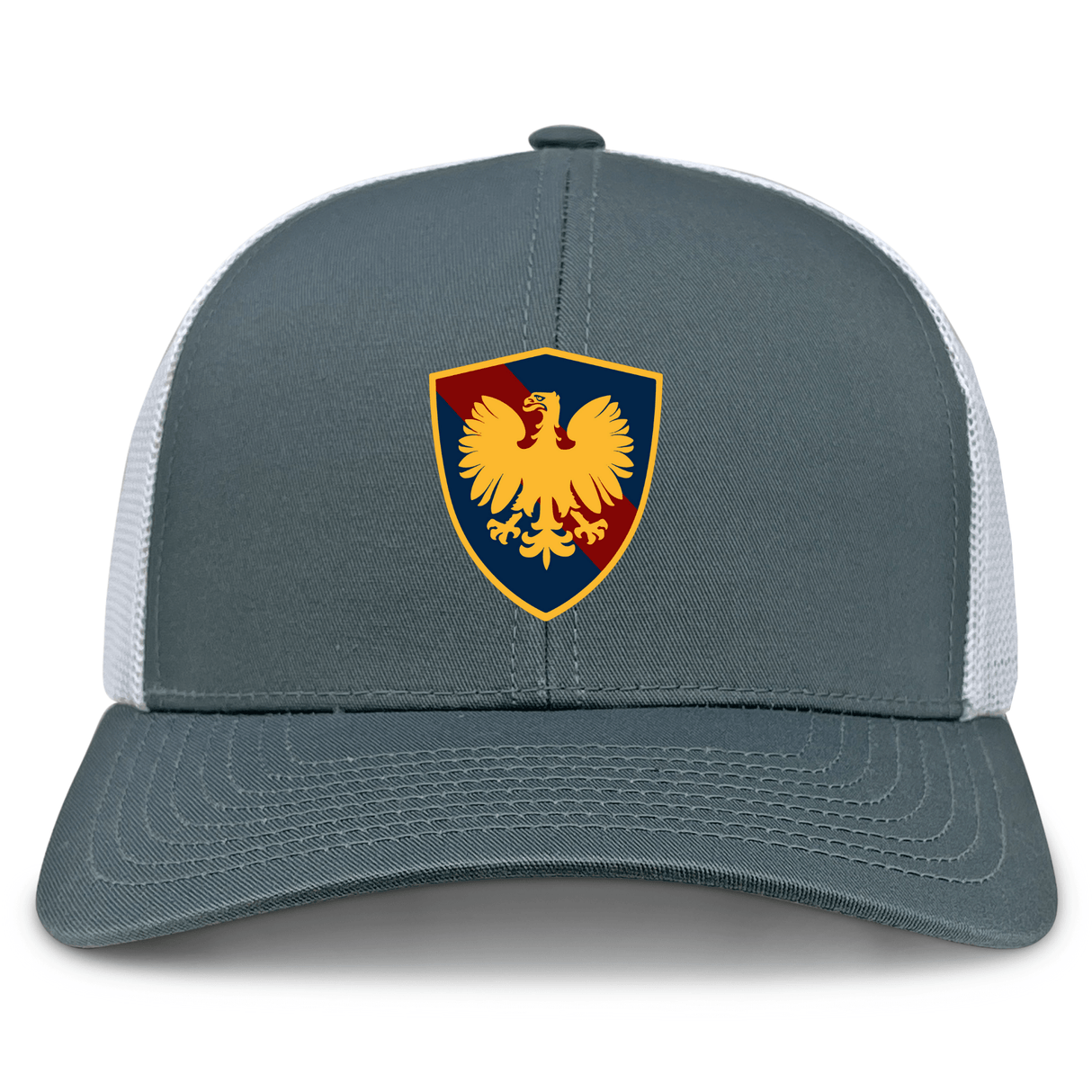 The Cincinnati Classical Academy Retro Trucker Cap by EMB S&S Activewear features a gray and white design with a front patch embroidered with a gold eagle on a blue and red shield, plus an adjustable snapback closure.