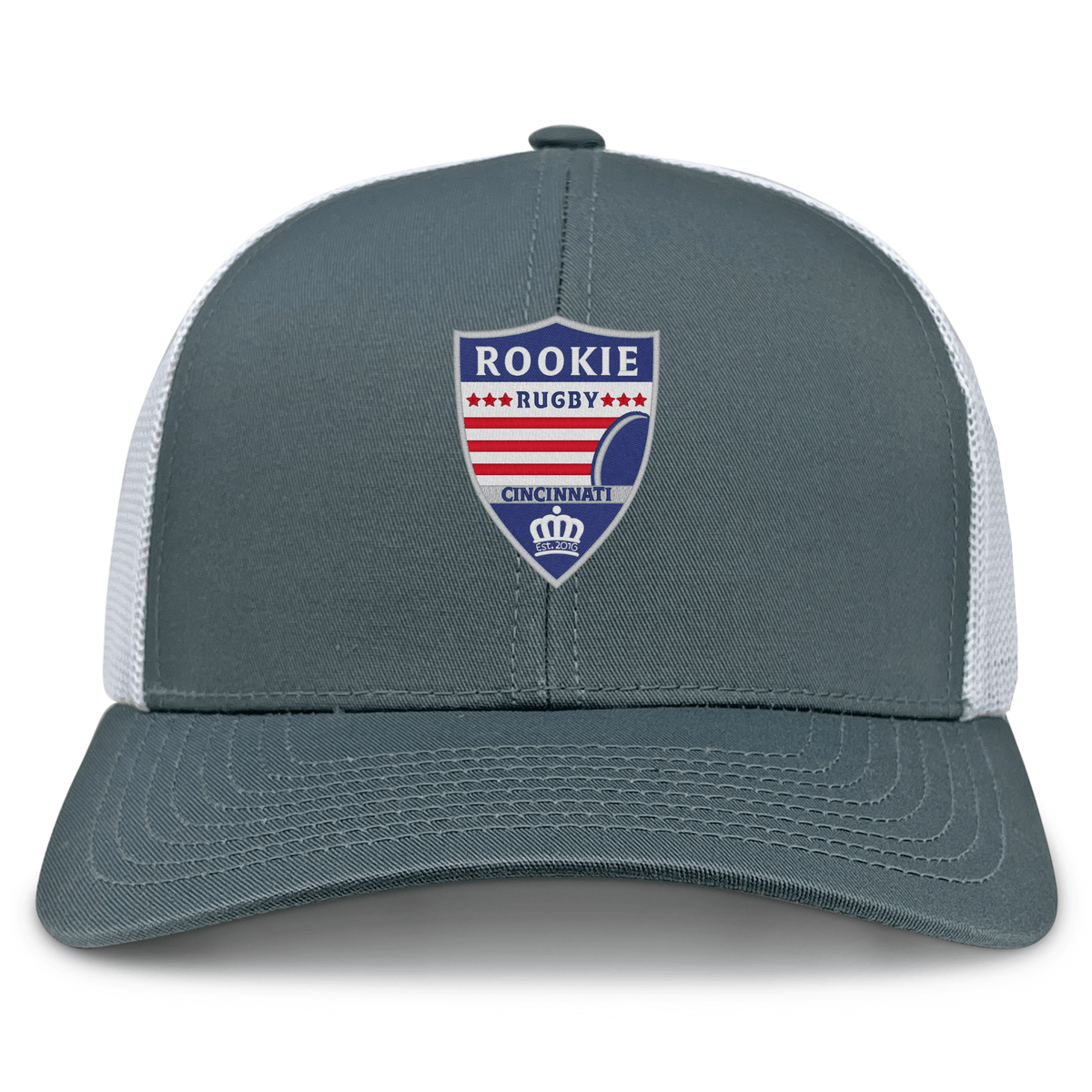 The Cincinnati Rookie Rugby Retro Trucker Cap by EMB S&S Activewear features a gray and white design, an embroidered "Rookie Rugby Cincinnati" shield logo with red, white, and blue details, and a classic snapback closure.