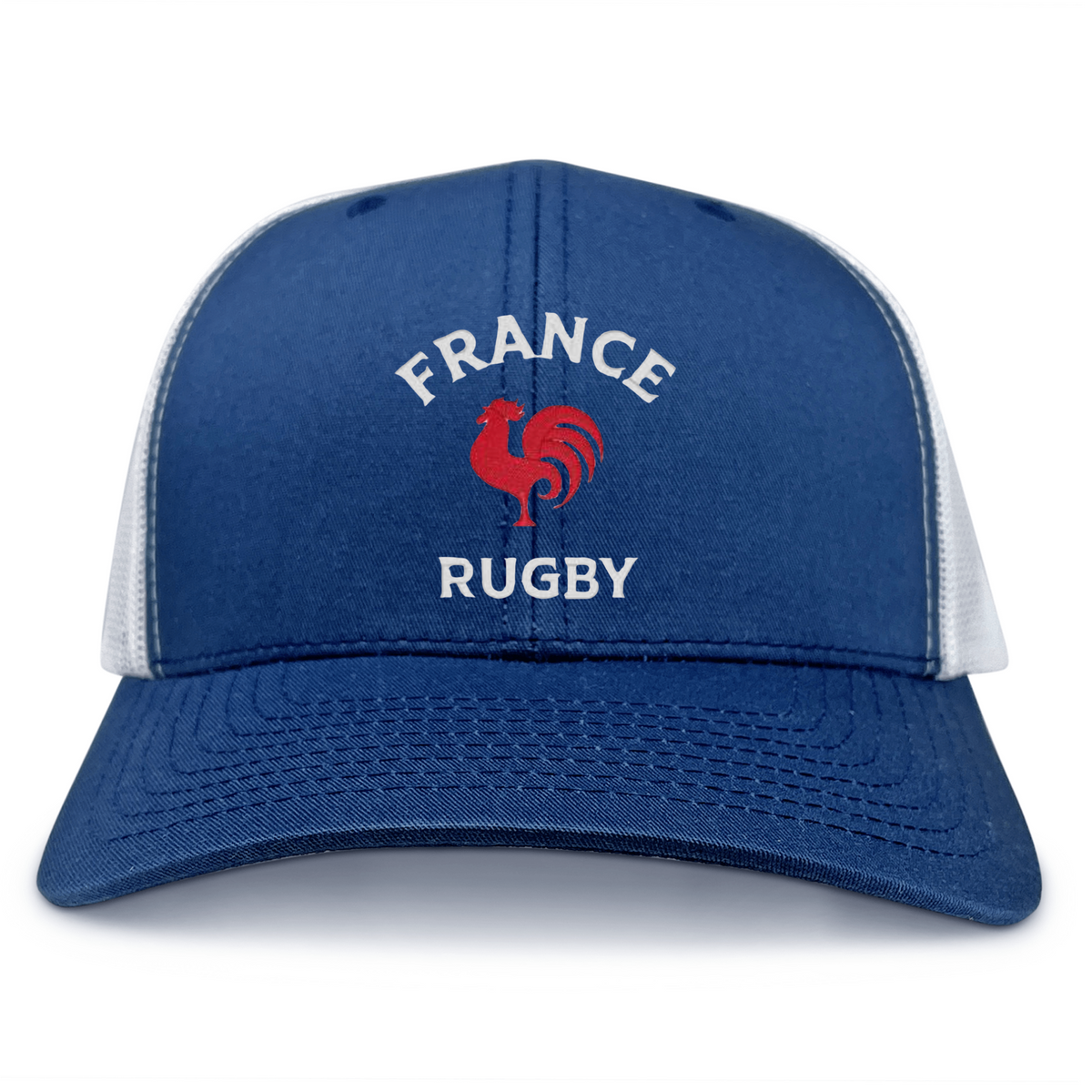 The Nations of Rugby France Retro Trucker Cap by EMB S&S Activewear is a blue and white snapback hat featuring "FRANCE RUGBY" text and a red rooster graphic on the front panel for adjustable fit.