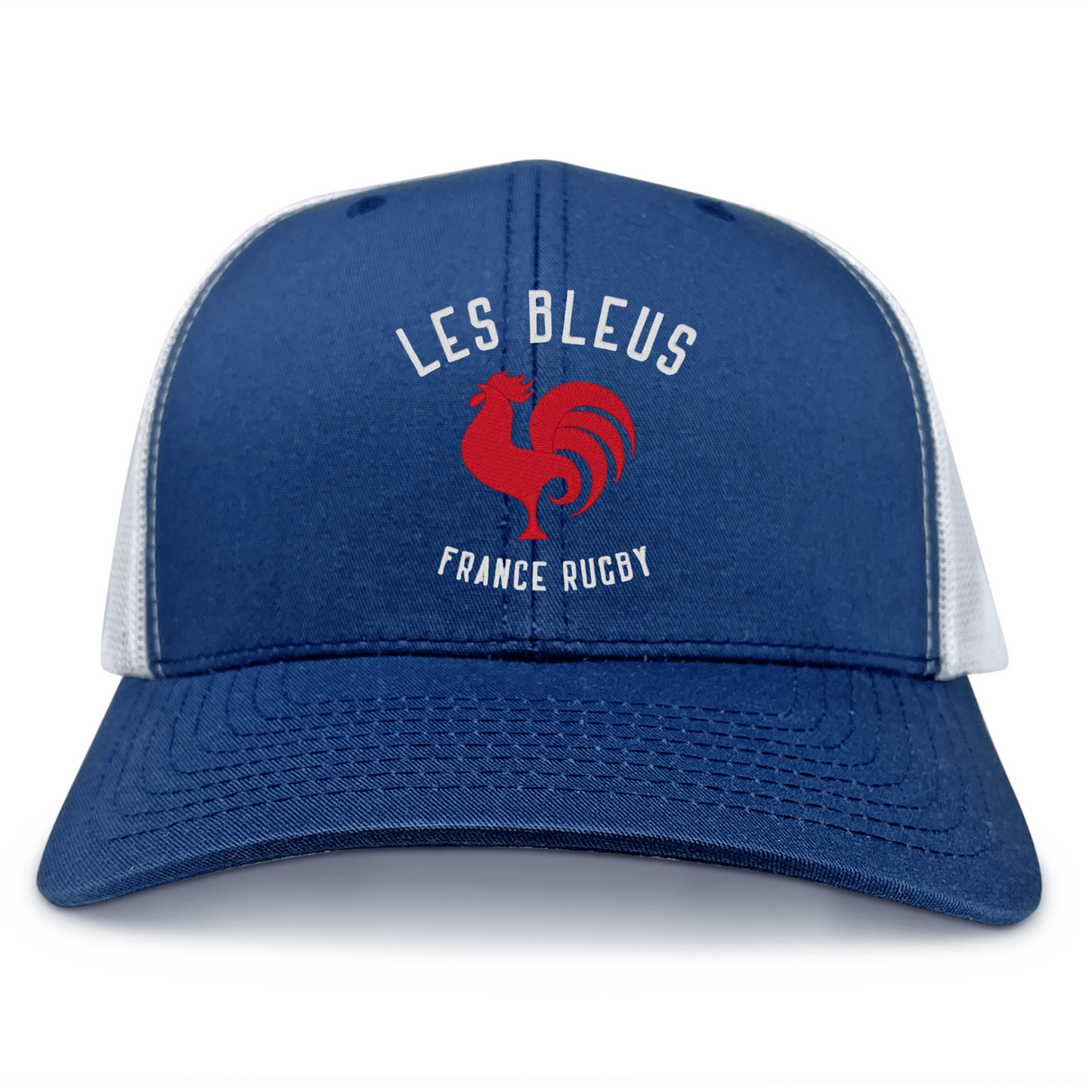 The Les Bleus France Rugby Retro Trucker Cap by EMB S&S Activewear features a blue and white design with a red rooster graphic and "LES BLEUS FRANCE RUGBY" text—ideal for fans of classic French rugby style.