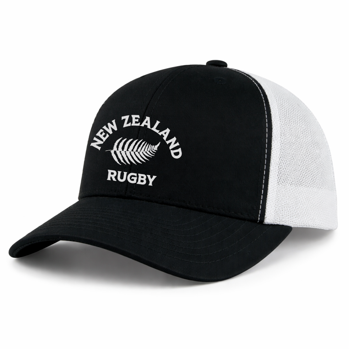 The EMB S&S Activewear Nations of Rugby New Zealand Retro Trucker Cap features black and white panels, "New Zealand Rugby" and a silver fern logo embroidered on the front, plus a classic snapback closure for adjustable fit.