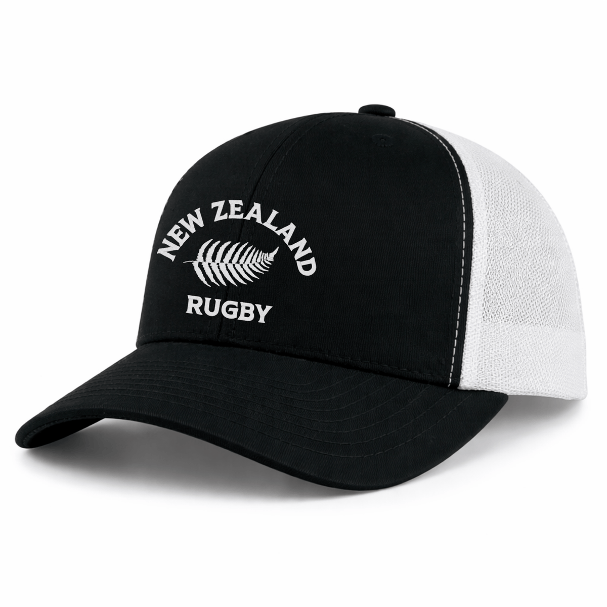 The EMB S&S Activewear Nations of Rugby New Zealand Retro Trucker Cap features black and white panels, "New Zealand Rugby" and a silver fern logo embroidered on the front, plus a classic snapback closure for adjustable fit.