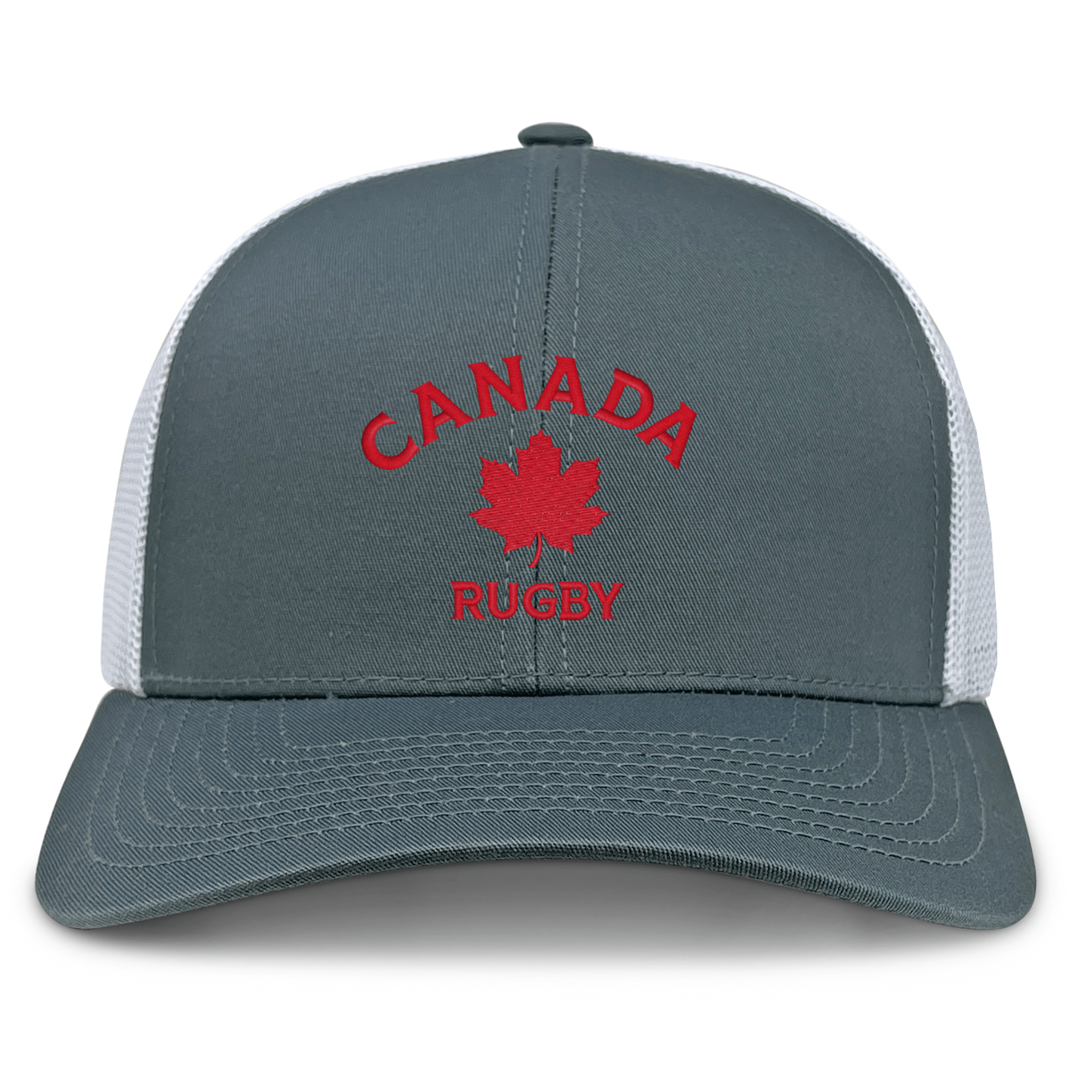 The EMB S&S Activewear Nations of Rugby Canada Rugby Retro Trucker Cap features a gray and white design with bold red "CANADA RUGBY" text, a red maple leaf emblem, and an adjustable snapback closure.