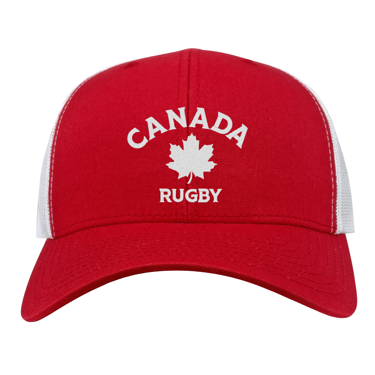 The EMB S&S Activewear Nations of Rugby Canada Rugby Retro Trucker Cap features red and white colors, "CANADA RUGBY" with a maple leaf on the front, and an adjustable snapback closure for a perfect fit.