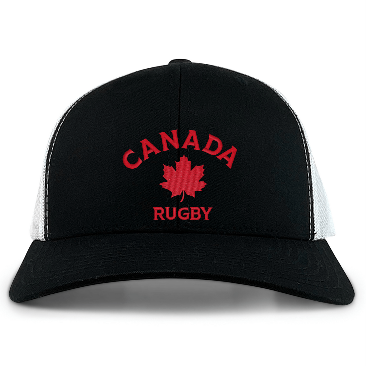 The Nations of Rugby Canada Rugby Retro Trucker Cap by EMB S&S Activewear features "CANADA RUGBY" with a red maple leaf logo and an adjustable snapback closure for comfort in classic black and white.