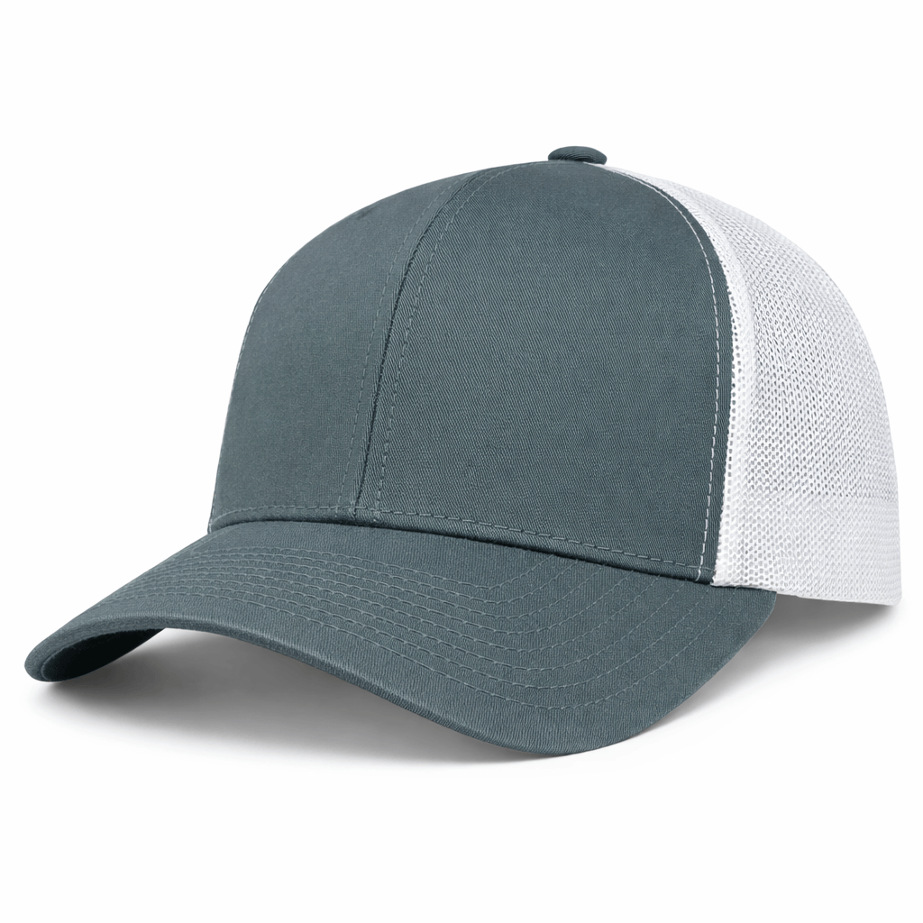 The S&S Activewear Retro Trucker Cap features a gray front, curved brim, white mesh back panel, and adjustable snapback closure, shown on a white background.