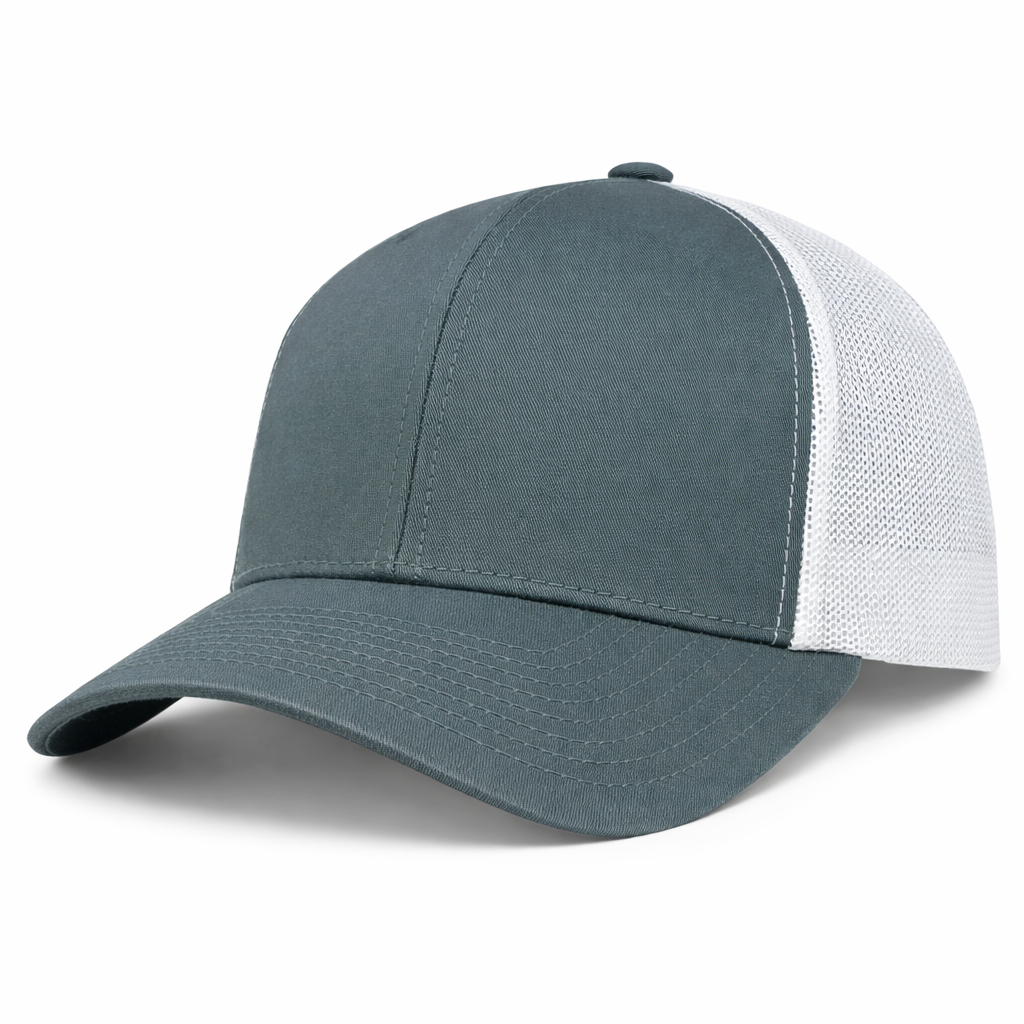 The S&S Activewear Retro Trucker Cap features a gray front, curved brim, white mesh back panel, and adjustable snapback closure, shown on a white background.