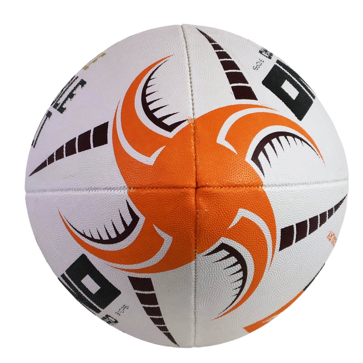 Introducing the Rhino All Blacks v Springboks “Greatest Rivalry” Vortex Pro Replica Ball: a white ball from Rhino showcasing eye-catching orange and black curved graphics alongside bold black geometric patterns, designed to commemorate the classic All Blacks vs Springboks matchup and stand out as a unique rugby collectible.