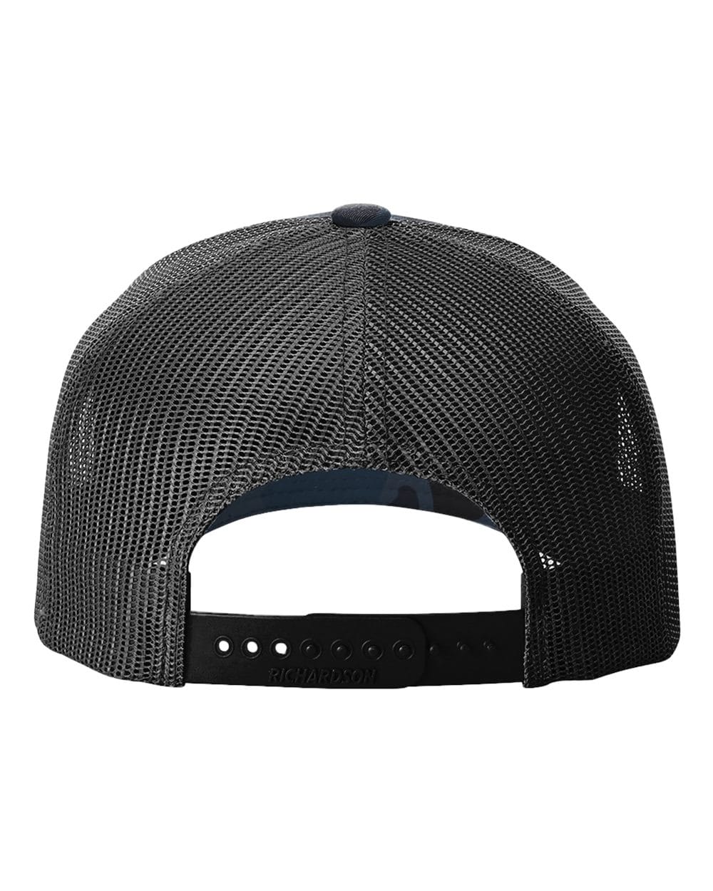 The EMB S&S Activewear USA Rugby Printed Five-Panel Trucker Cap is shown from the back, displaying its black mesh design and adjustable snapback plastic closure.