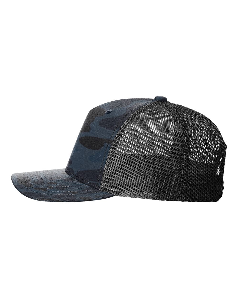 Side view of the EMB S&S Activewear USA Rugby Printed Five-Panel Trucker Cap with a dark blue camo front panel and bill, black mesh back, and adjustable snapback closure.