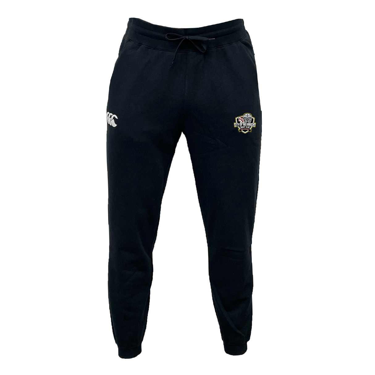 The Rio Rancho Rebels Leisure Sweatpants by EMB Canterbury are crafted from sustainable organic cotton, featuring a stylish logo on the right thigh and a CCC emblem on the left thigh.