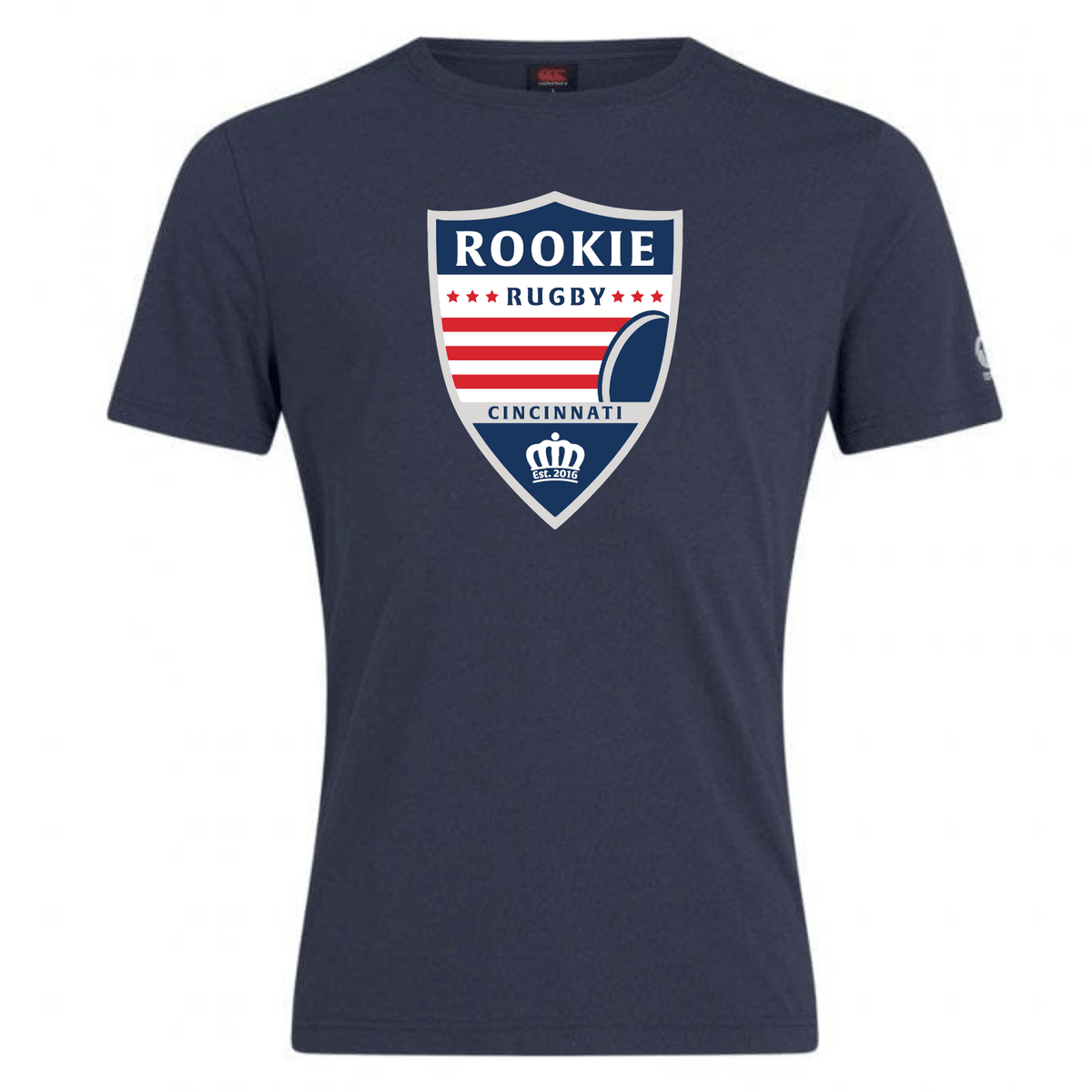 Navy blue cotton blend Cincinnati Rookie Rugby Club Plain t-shirt by WRS Canterbury featuring a shield, rugby ball, and red stars.