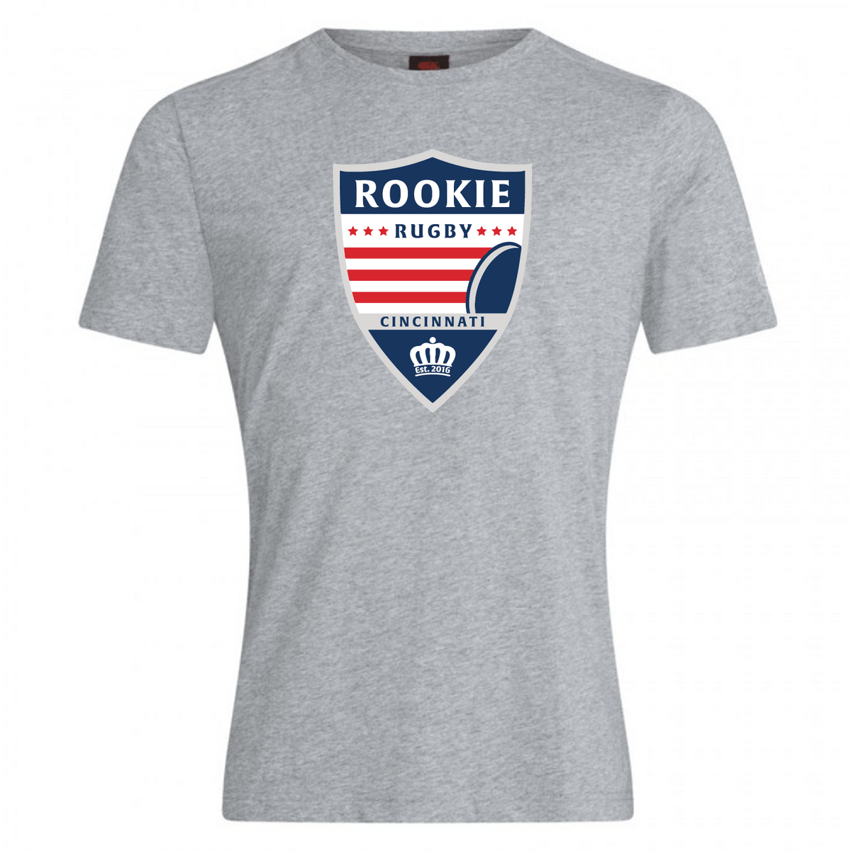 Gray cotton blend Cincinnati Rookie Rugby Club Plain Tee by WRS Canterbury featuring a rugby ball and a shield with stars and stripes.