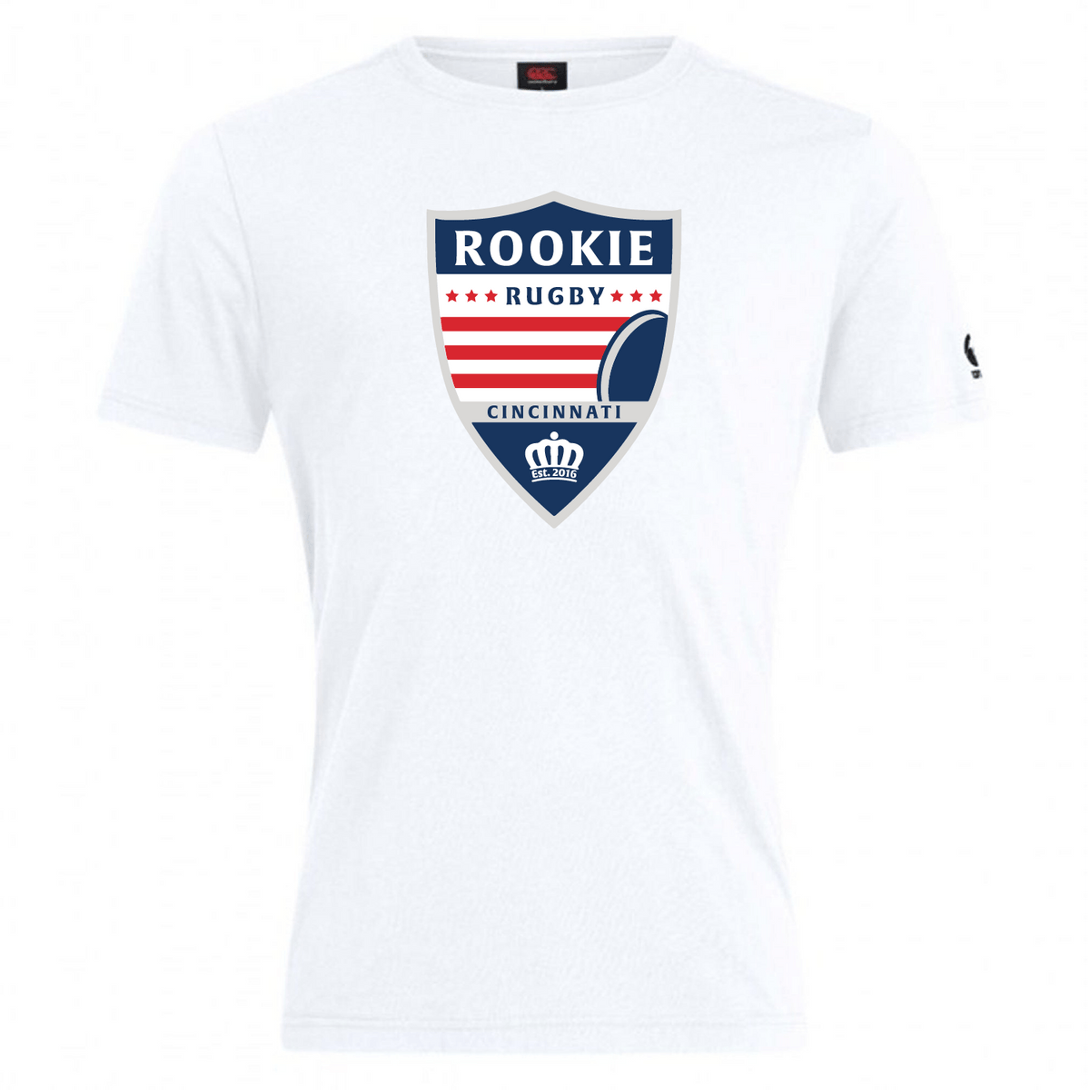 White Cincinnati Rookie Rugby Club Plain Tee by WRS Canterbury featuring red stars, a rugby ball, and a shield design, crafted from a comfortable cotton blend.